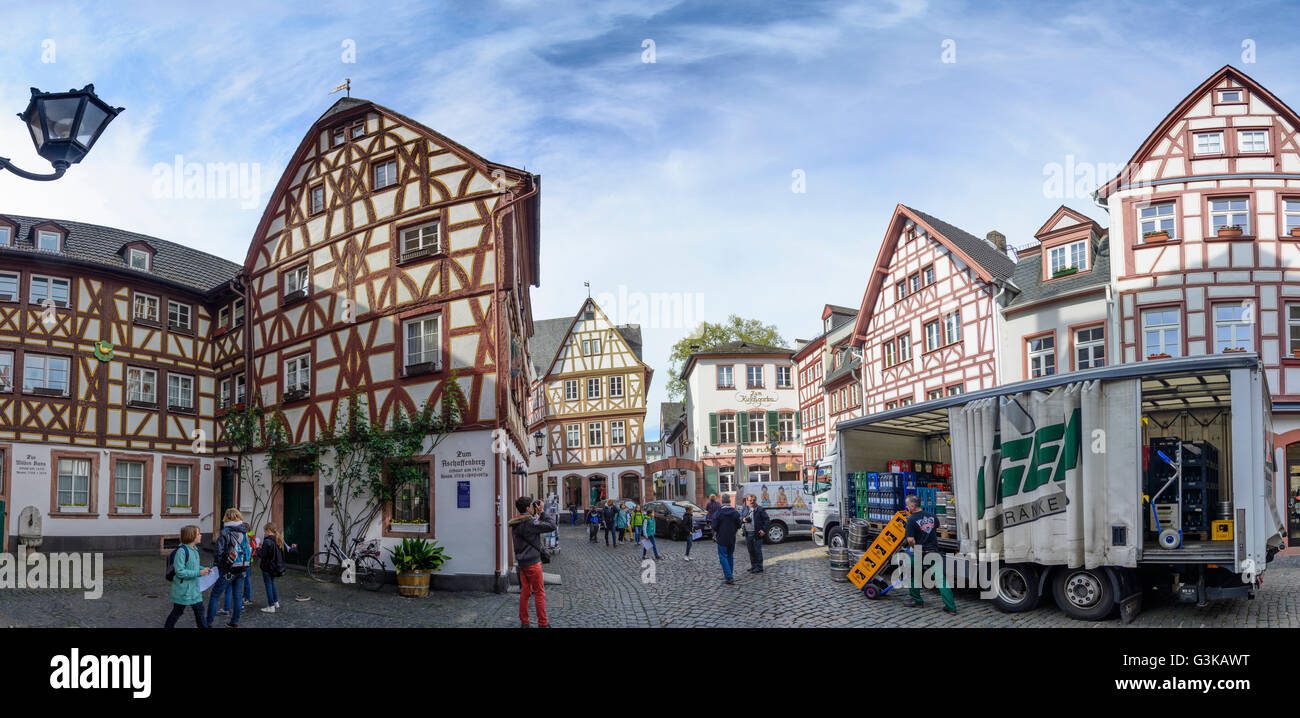 half-timbered houses at square Kirschgarten, beer delivery, Germany, Rheinland-Pfalz, Rhineland-Palatinate, , Mainz Stock Photo