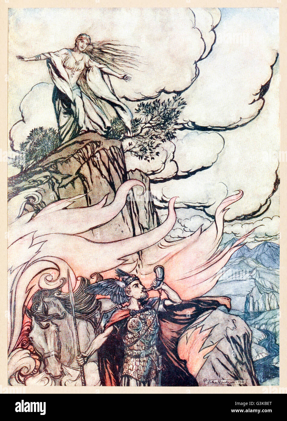 “Siegfried leaves Brunnhilde in search of adventure” from 'Siegfried & The Twilight of the Gods' illustrated by Arthur Rackham (1867-1939). See description for more information. Stock Photo