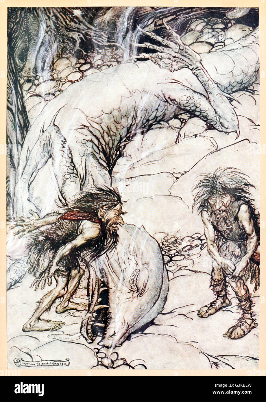 “The dwarfs quarreling over the body of Father” from 'Siegfried & The Twilight of the Gods' illustrated by Arthur Rackham (1867-1939). See description for more information. Stock Photo