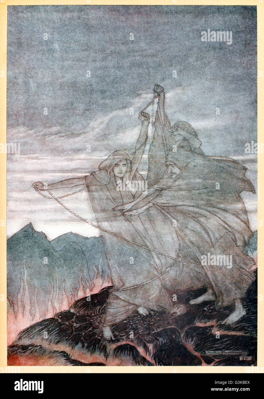 “The Norns vanish” from 'Siegfried & The Twilight of the Gods' illustrated by Arthur Rackham (1867-1939). The three Norns gather beside Brünnhilde's rock, weaving the rope of Destiny, when the rope unexpectedly breaks they disappear. See description for more information. Stock Photo