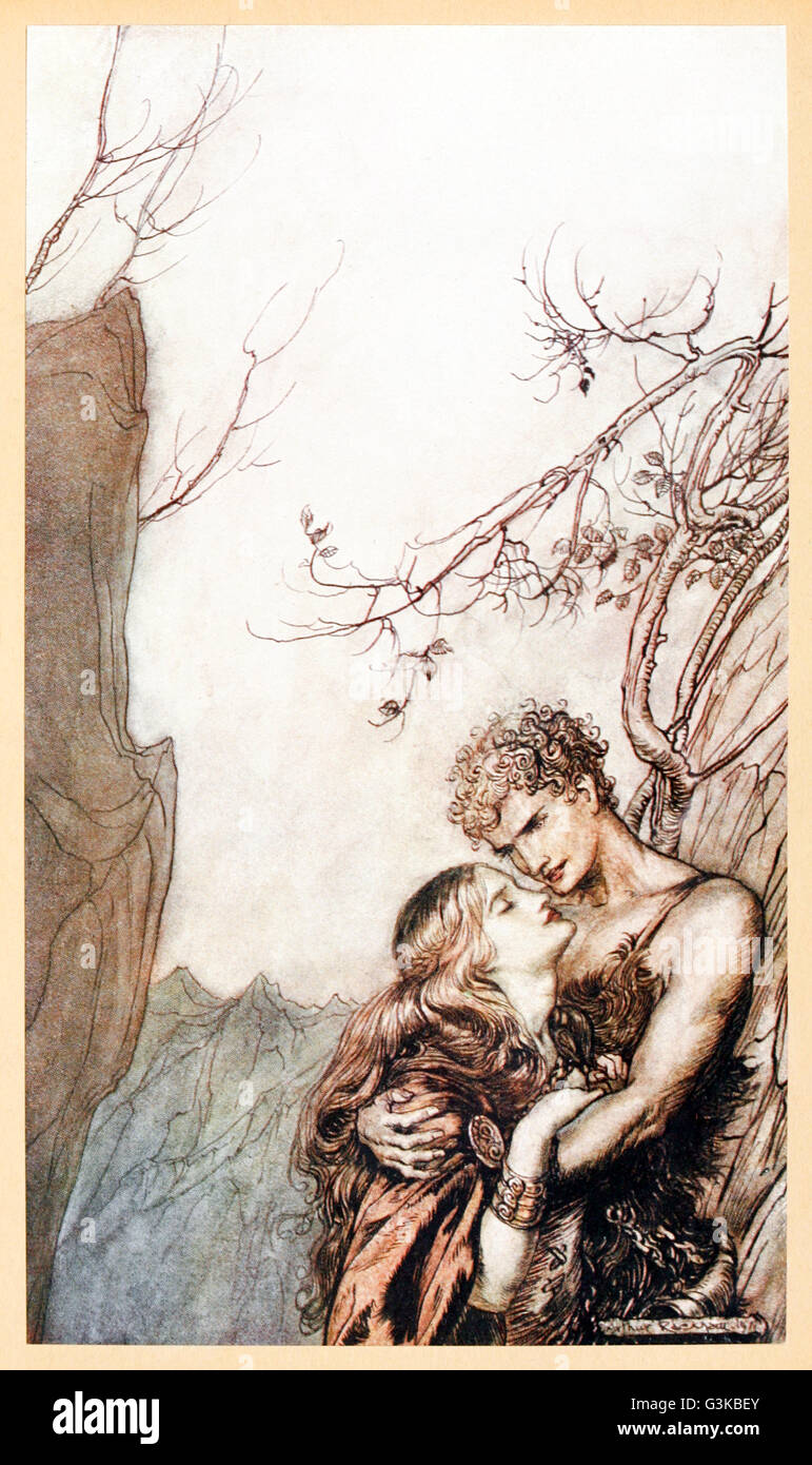 “Brunnhilde throws herself into Siegfried’s arms” from 'Siegfried & The Twilight of the Gods' illustrated by Arthur Rackham (1867-1939). See description for more information. Stock Photo