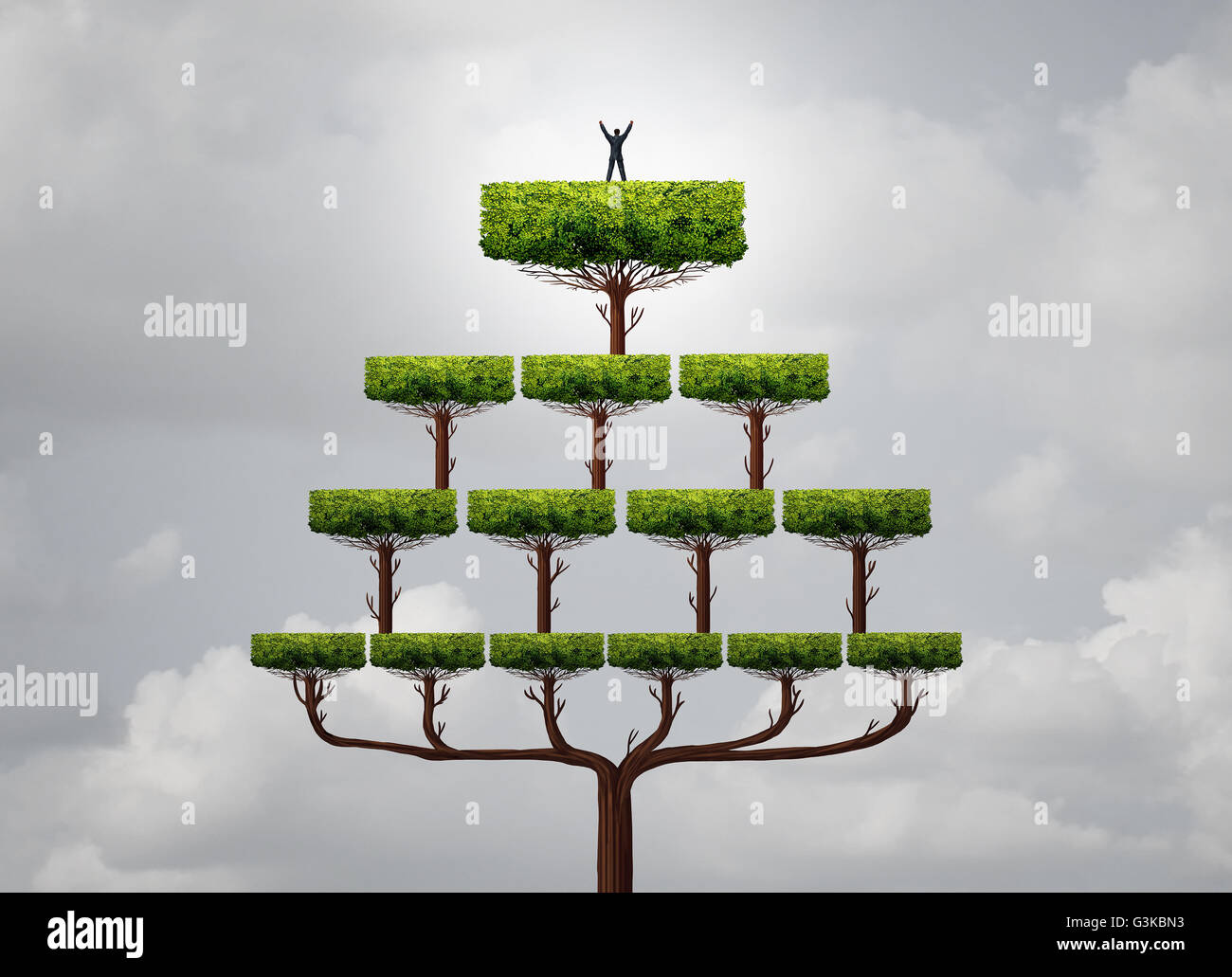 Business success climb as a businessman rise to the top as a peron on the summit of a pyramid tree structure as a financial metaphor for reaching career goals in a 3D illustration style. Stock Photo