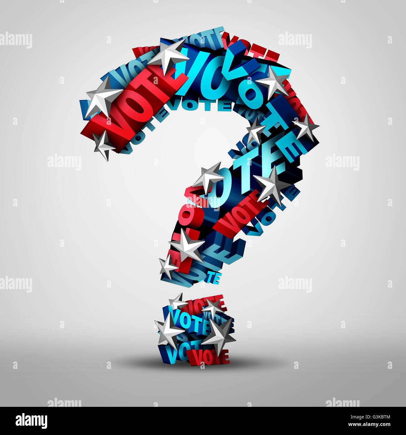 Vote question symbol as a group of 3D illustration text and stars shaped as a voting and voter question mark as an icon Stock Photo