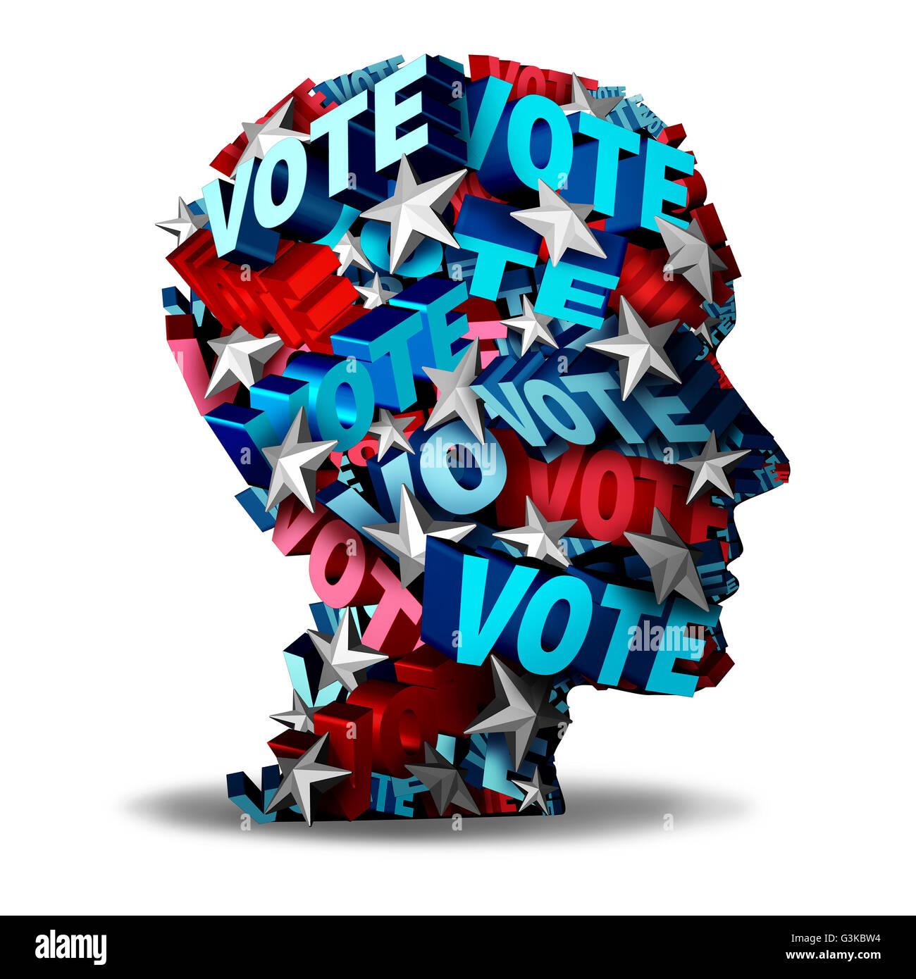 Vote concept and voting symbol as a group of 3D illustration text and stars representing a voter or candidate for an election. Stock Photo