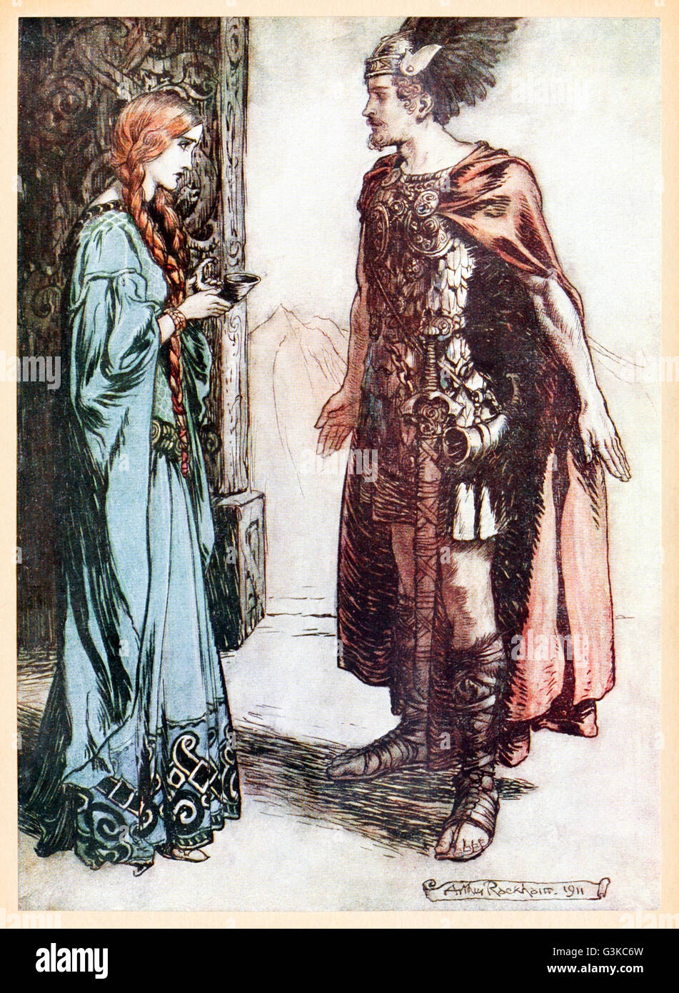 “Siegfried hands the drinking-horn back to Gutrune, and gazes at her with sudden passion” from 'Siegfried & The Twilight of the Gods' illustrated by Arthur Rackham (1867-1939). See description for more information. Stock Photo