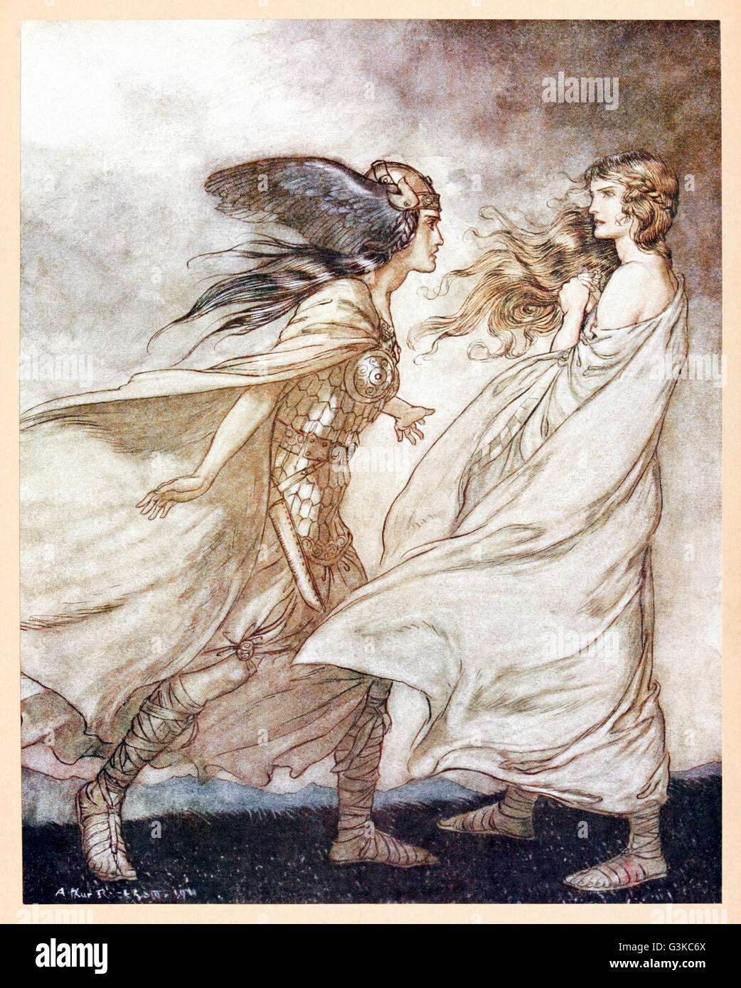 “The ring upon thy hand - …ah, be implored! For Wotan fling it away!” from 'Siegfried & The Twilight of the Gods' illustrated by Arthur Rackham (1867-1939). See description for more information. Stock Photo