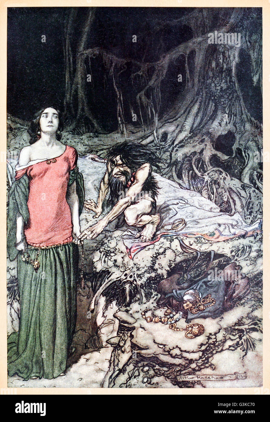 “The wooing of Grimhilde, the mother of Hagen” from 'Siegfried & The Twilight of the Gods' illustrated by Arthur Rackham (1867-1939). See description for more information. Stock Photo