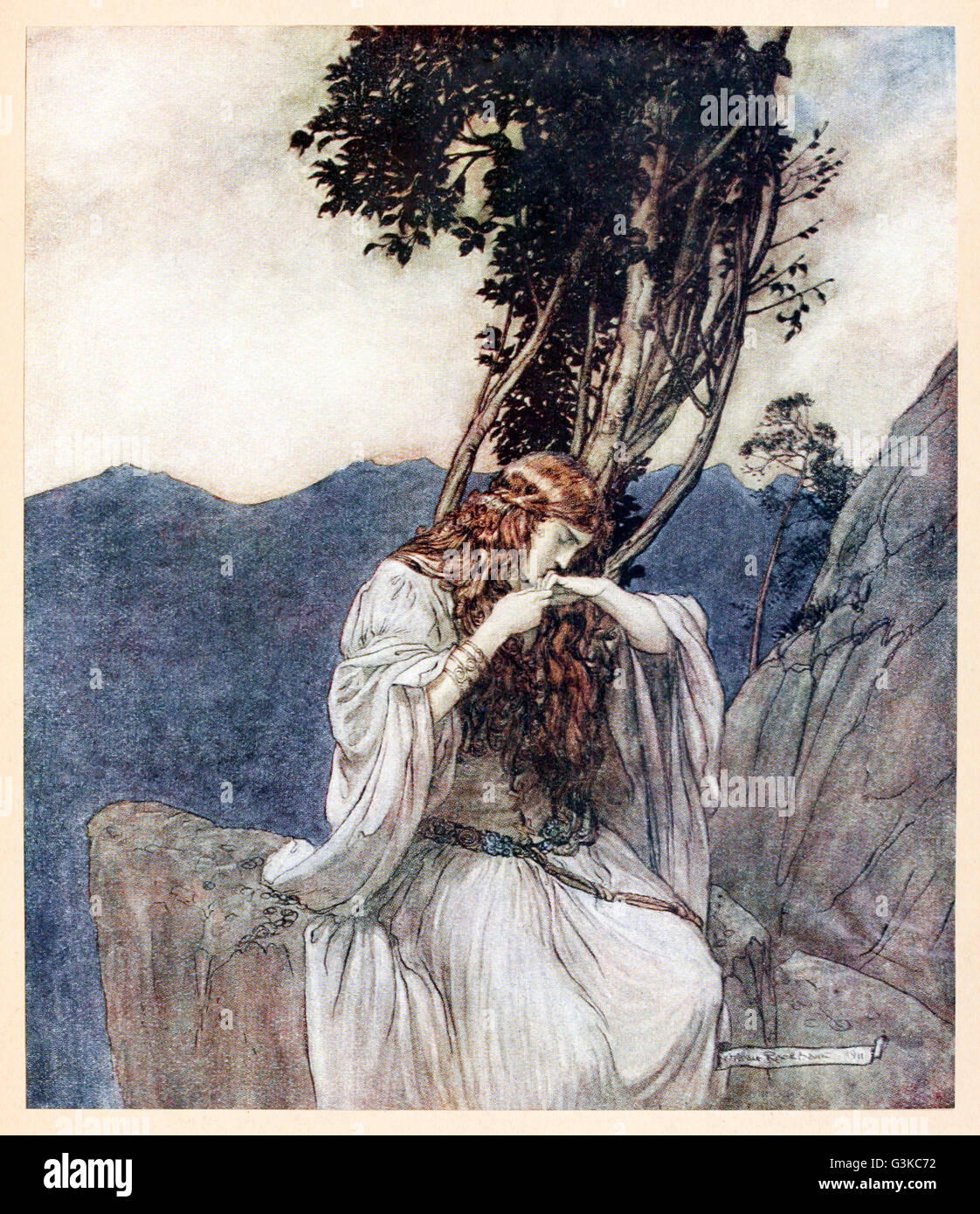 “Brunnhilde kisses the ring that Siegfried has left her” from 'Siegfried & The Twilight of the Gods' illustrated by Arthur Rackham (1867-1939). See description for more information. Stock Photo