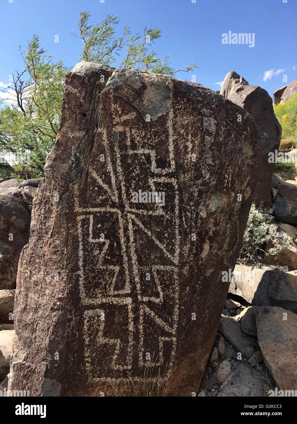 Native Americans carved petroglyphs on rocks at Three Rivers Petroglyph Site near Tularosa, New Mexico Stock Photo