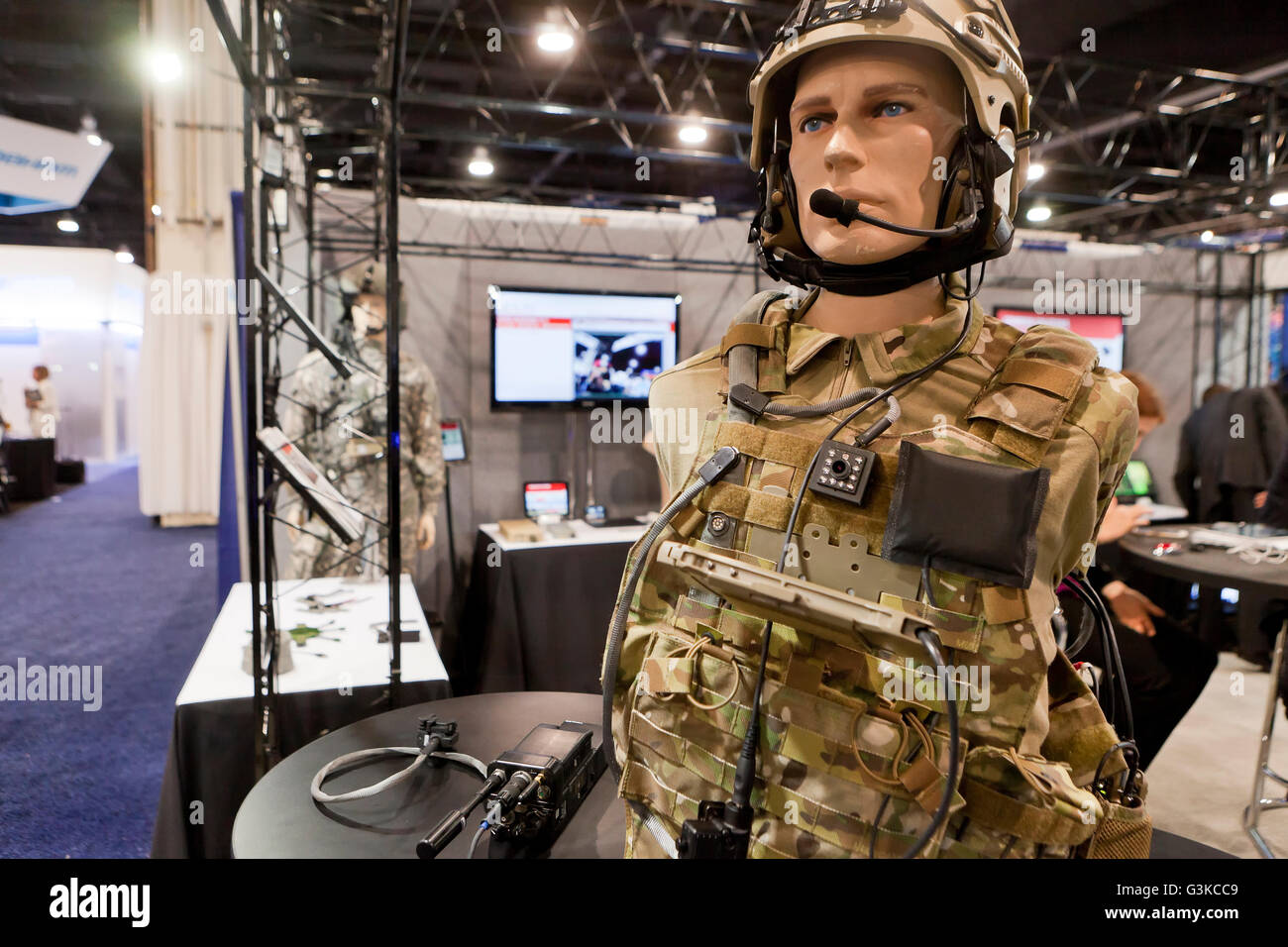 US military integrated soldier system communications vest and helmet at expo - USA Stock Photo