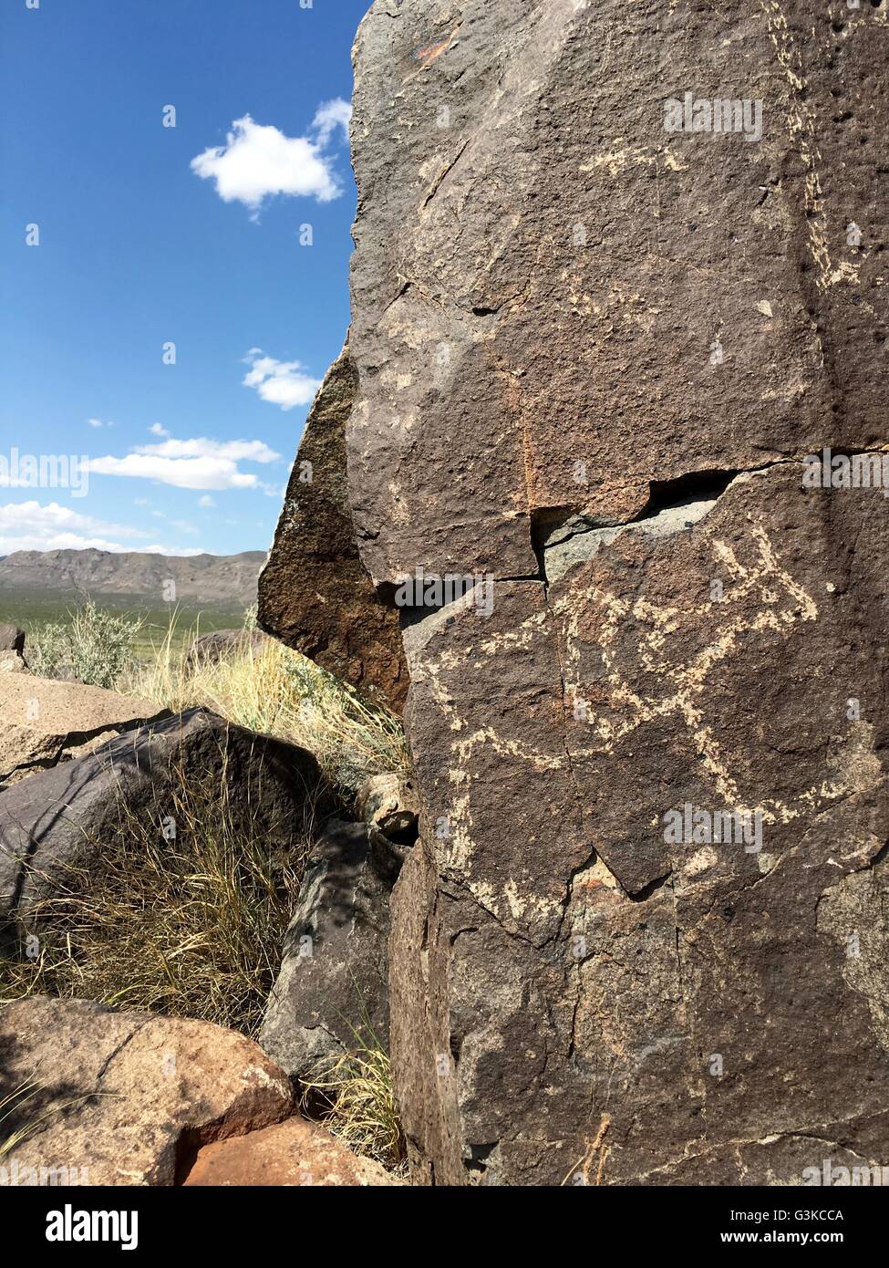 Native Americans (Jornada Mogollon people) carved petroglyphs on rocks at Three Rivers Petroglyph Site near Tularosa, New Mexico Stock Photo