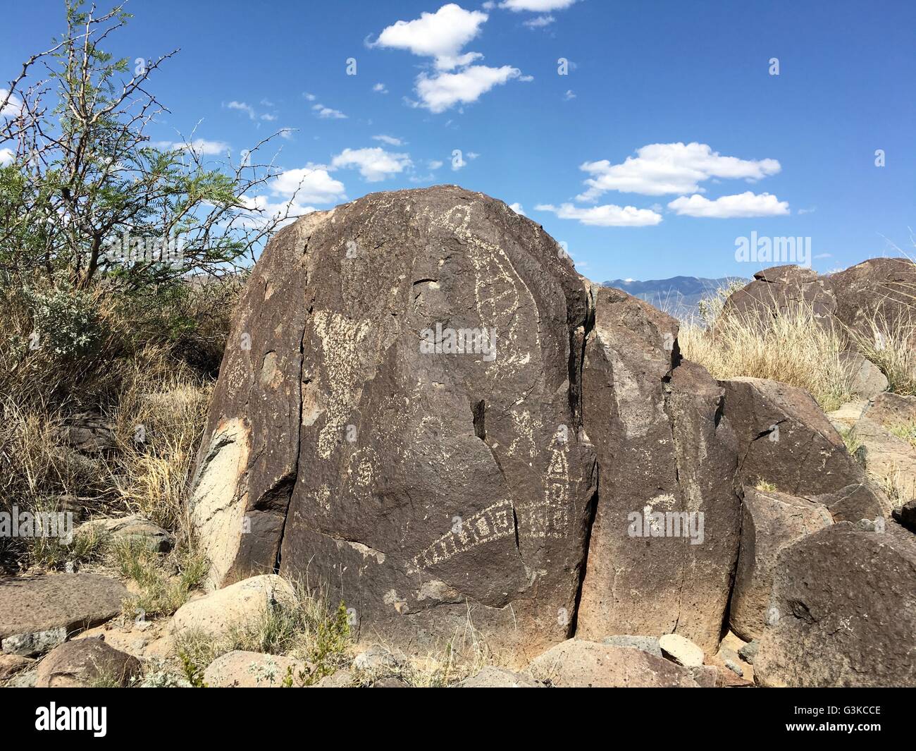 Native Americans (Jornada Mogollon people) carved petroglyphs on rocks at Three Rivers Petroglyph Site near Tularosa, New Mexico Stock Photo