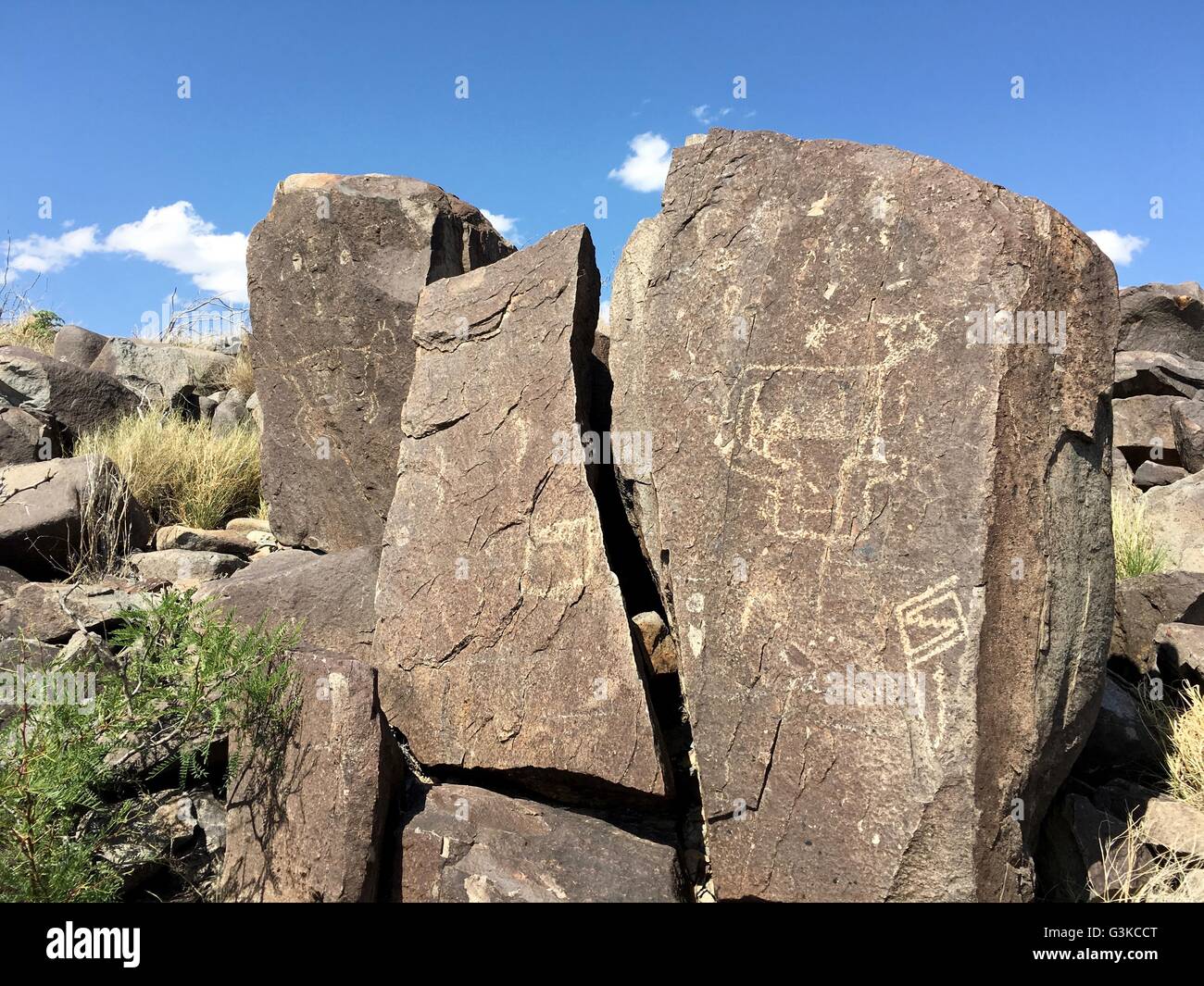 Native Americans (Jornada Mogollon people) carved petroglyphs on rocks at Three Rivers Petroglyph Site near Tularosa, New Mexico Stock Photo