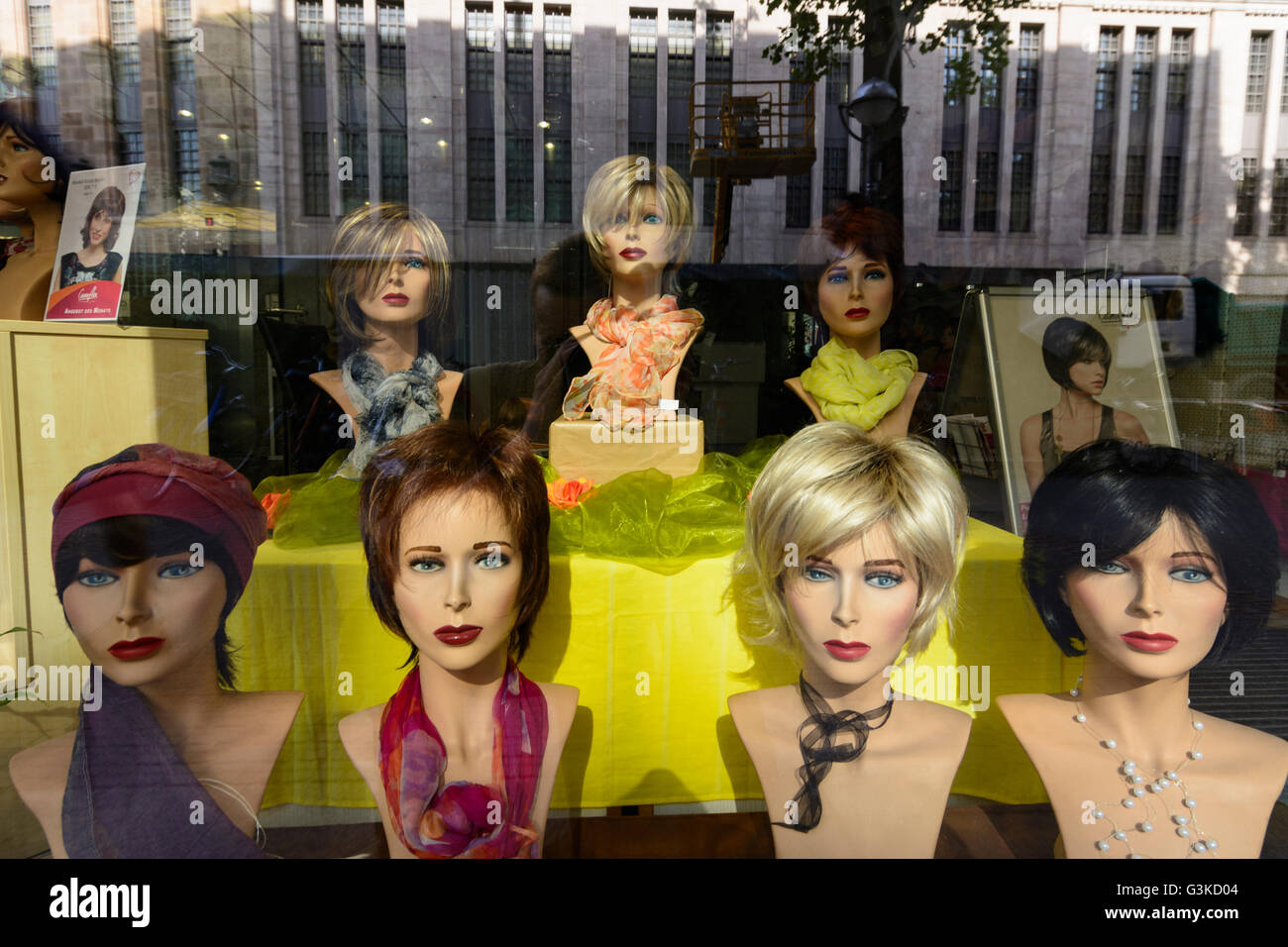 Wigs for women in a shop window, Germany, Baden-Württemberg, Kraichgau-Stromberg, Karlsruhe Stock Photo