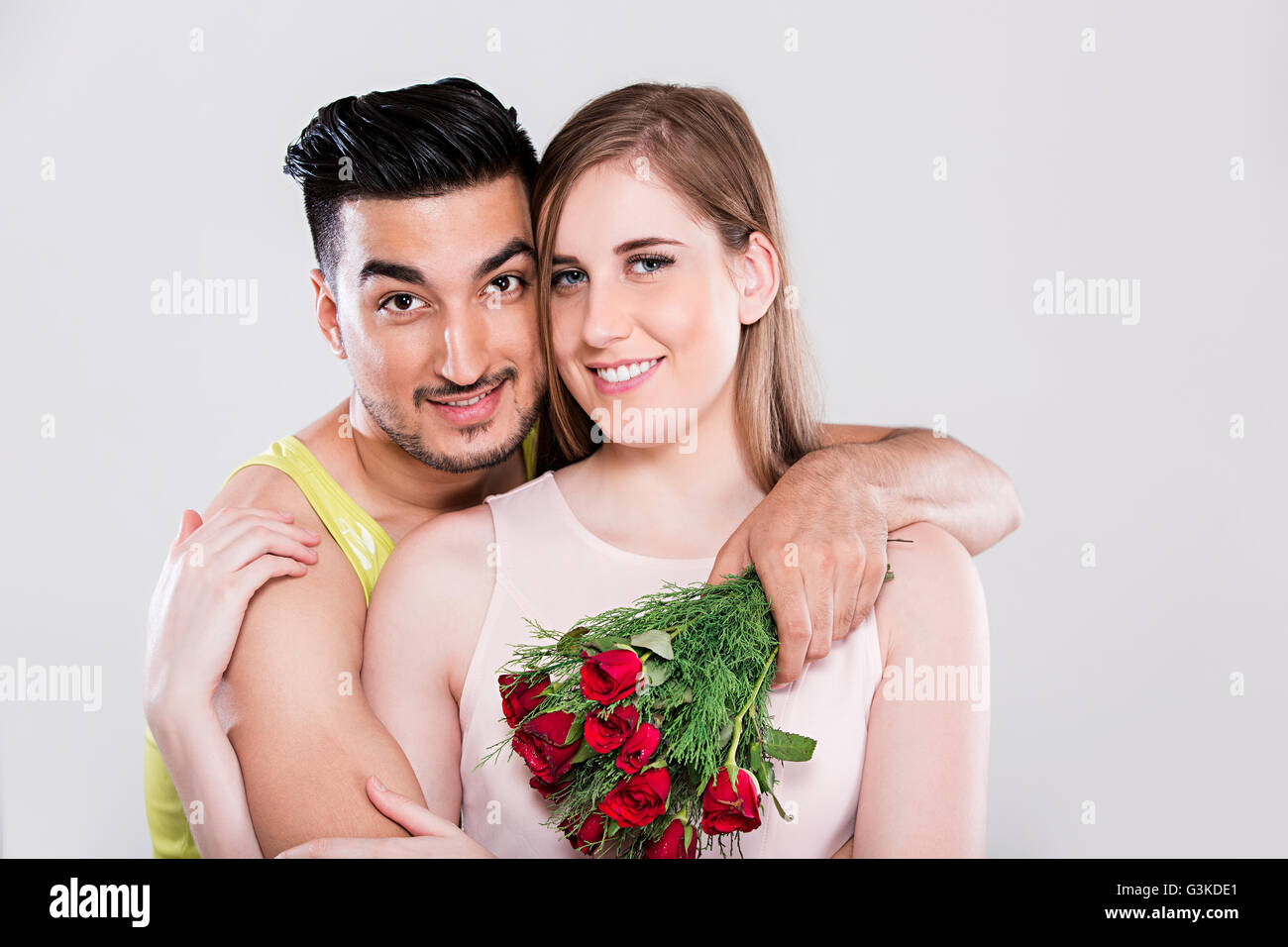 2 Married Couples Foreigner Valentine Day Gift Bouquet rose giving Stock Photo