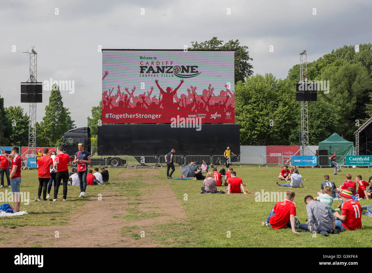 Wales fans at the fan zone in Cardiff ahead of the Euro 2016 match between Wales and Slovakia.  Mark H Stock Photo