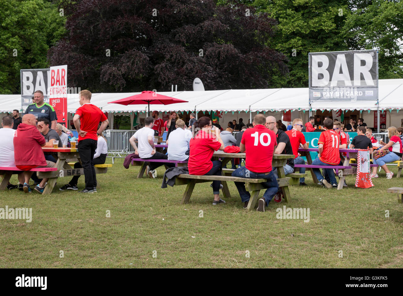 Wales fans at the fan zone in Cardiff ahead of the Euro 2016 match between Wales and Slovakia. Stock Photo