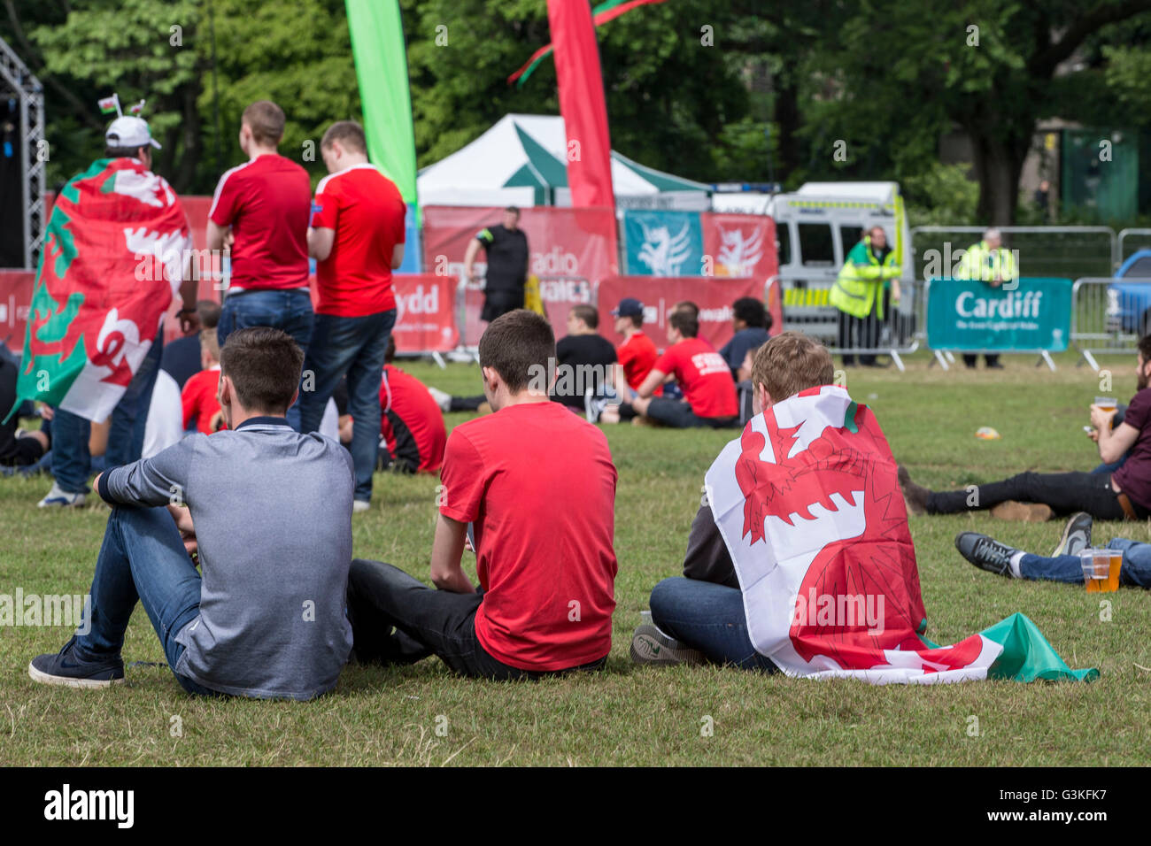 Wales fans at the fan zone in Cardiff ahead of the UEFA Euro 2016 match between Wales and Slovakia.  Mark H Stock Photo