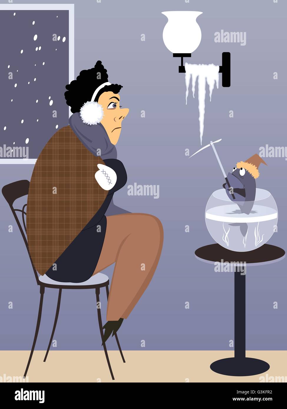 Heating problem. Freezing man and a fish with an ice pick looking at an icicle growing from a lighting fixture in the house Stock Vector