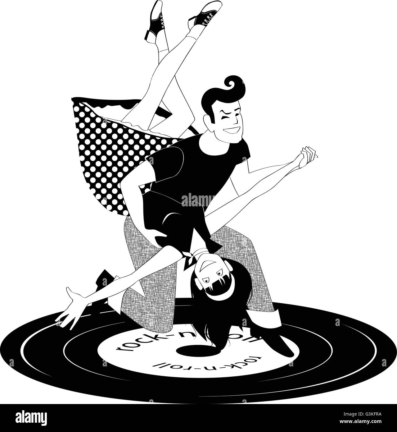 Cartoon couple in 1950s style clothes dancing rock'n'roll Stock Vector
