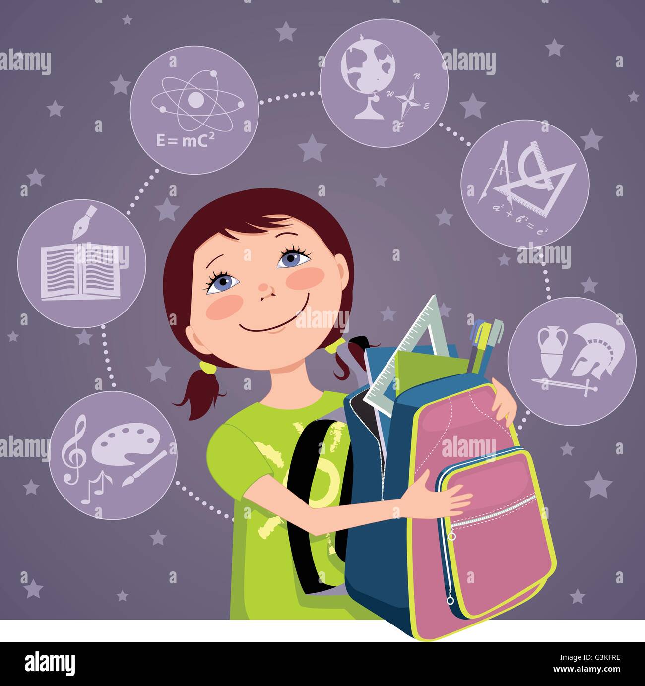 Cartoon schoolgirl with a backpack, filled with school tools, school subjects icons on the background Stock Vector