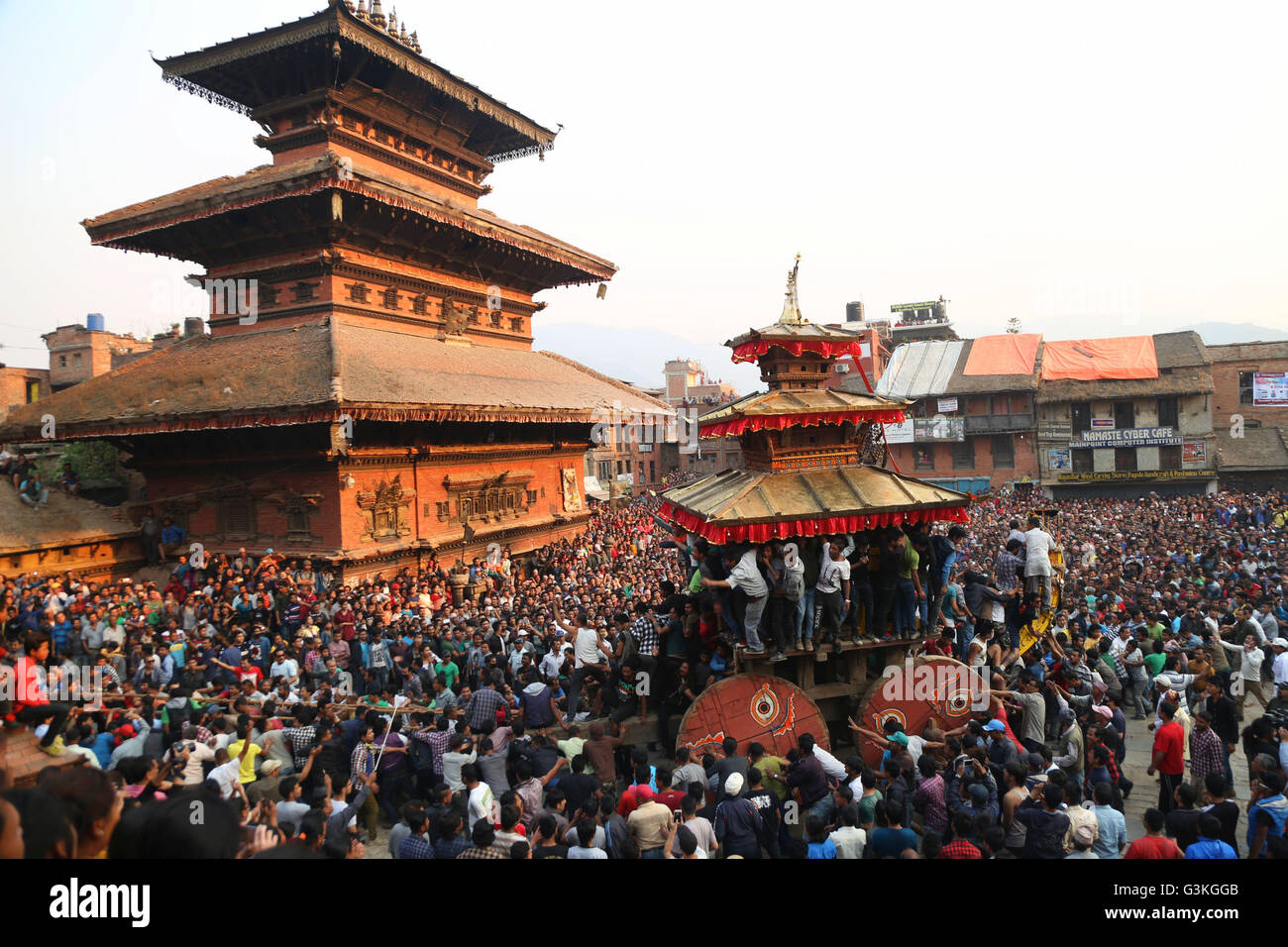 Bhaktapur, Nepal. 09th Apr, 2016. Devotees pulll a chariot of Lord ...