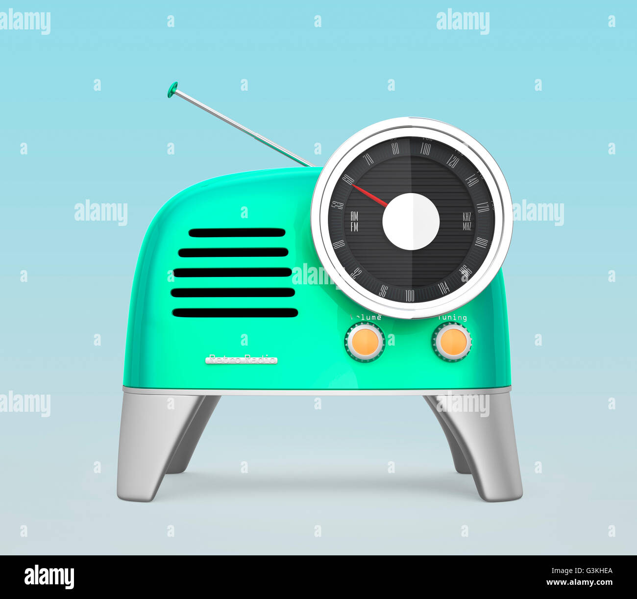 Emerald green retro style radio isolated on light blue background. 3D rendering image with clipping path. Stock Photo