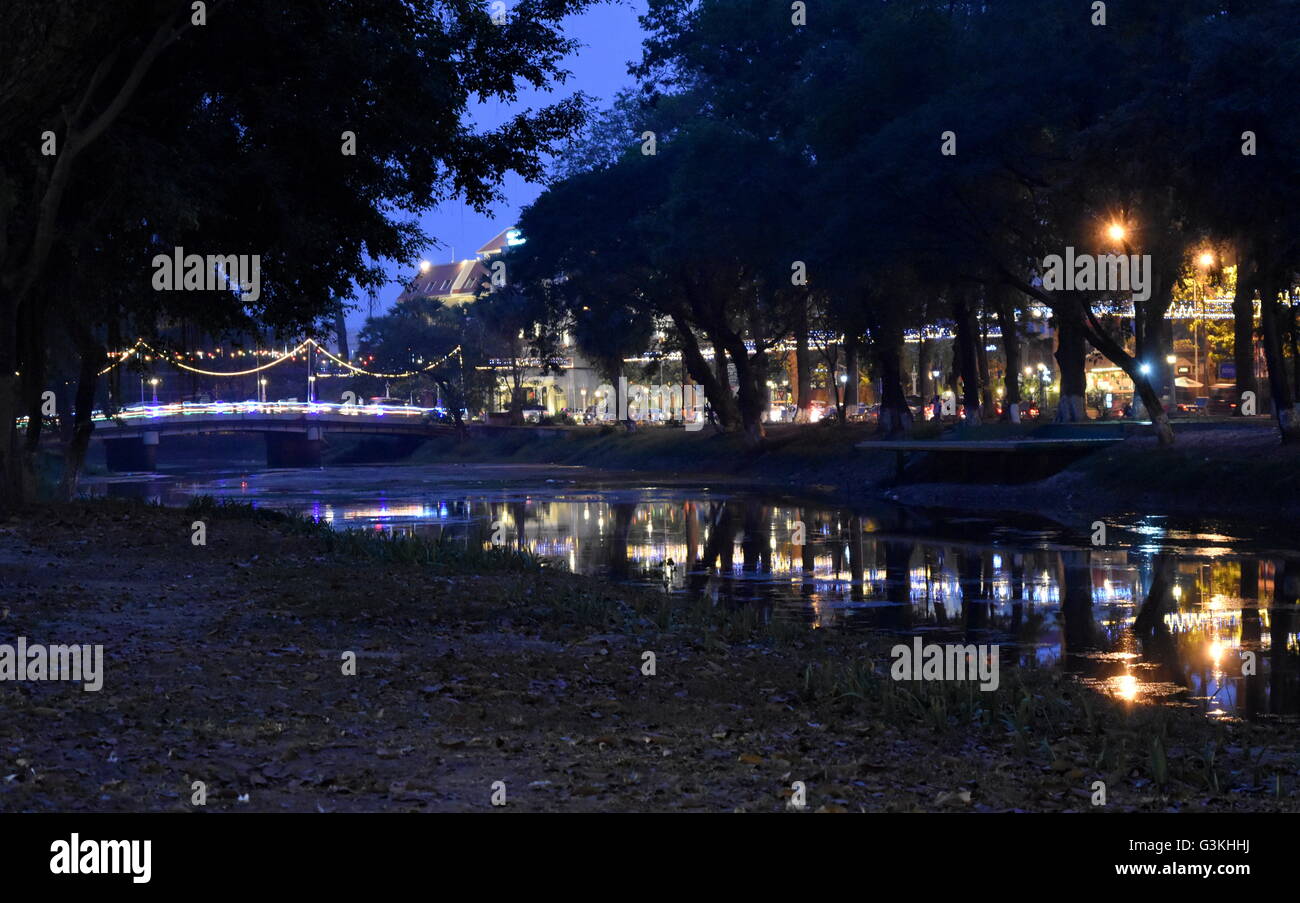 Night lights of Siem Reap city by the river side Stock Photo