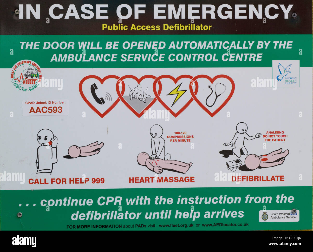 Heart safe Automated External Defibrillator attached to a stone wall