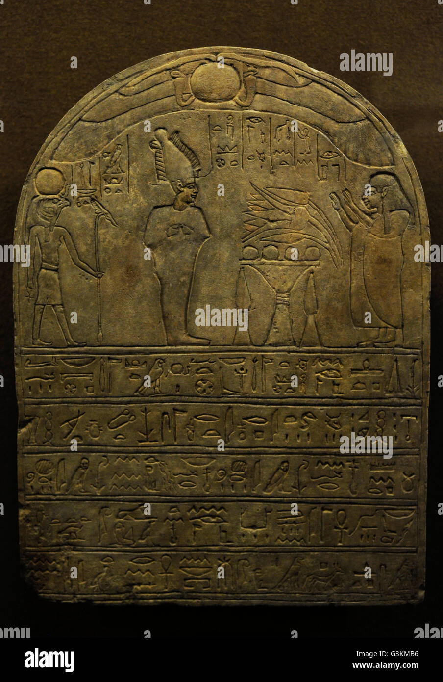 Egypt. Stela of Tanit-Jade. Deceased making offerings to the god Osiris, takes charge of the judgment of the dead. The State Hermitage Museum. St. Petersburg. Russia. Stock Photo