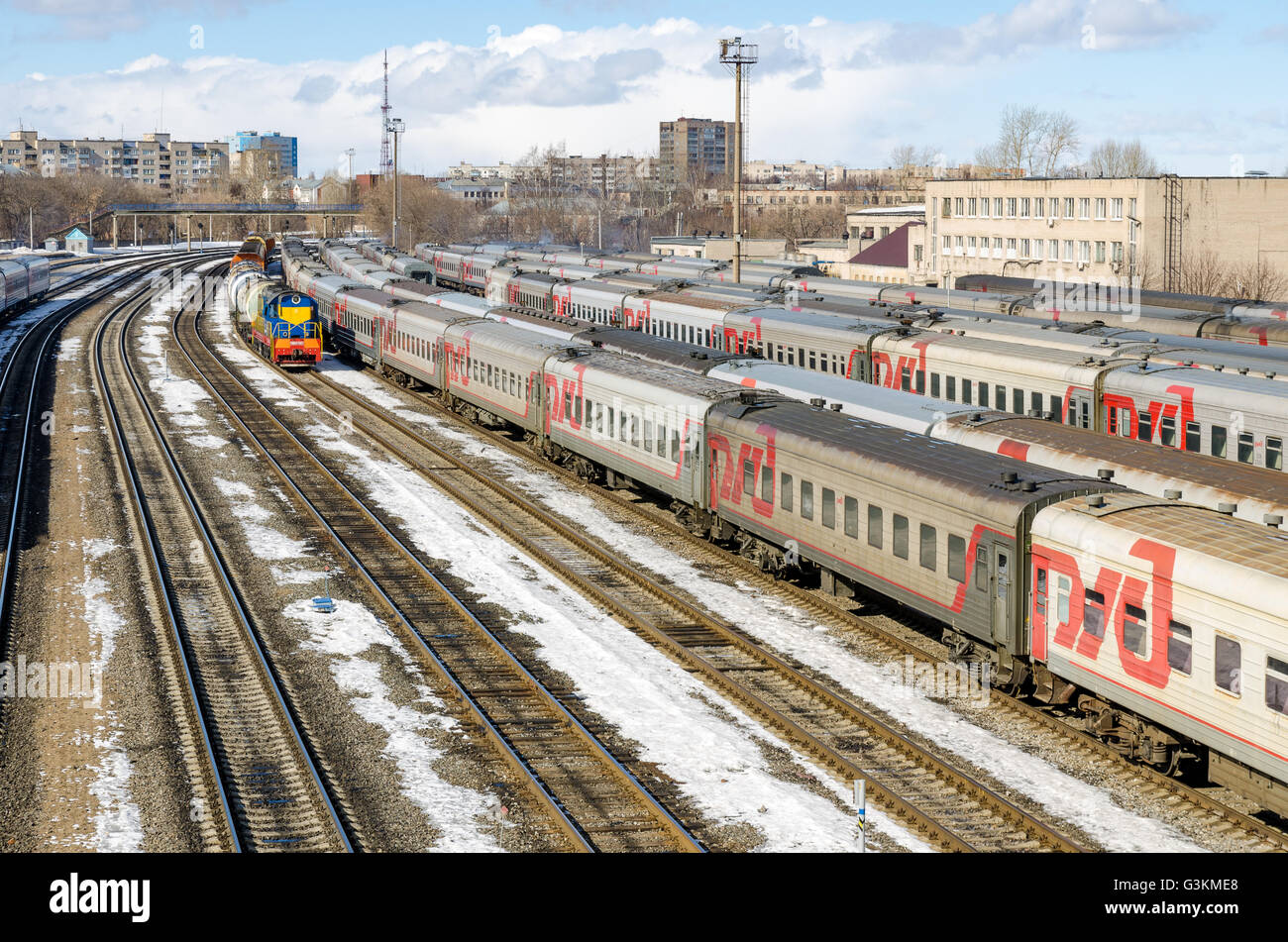 Tracks in the clear spring morning in Russia Stock Photo