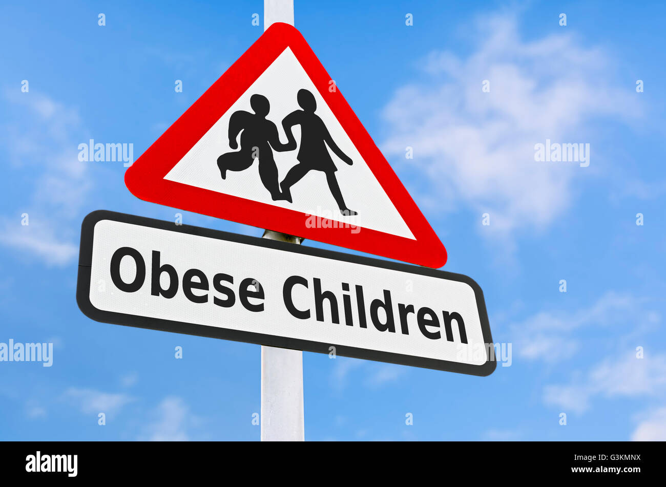 Obese children triangular warning sign. Stock Photo