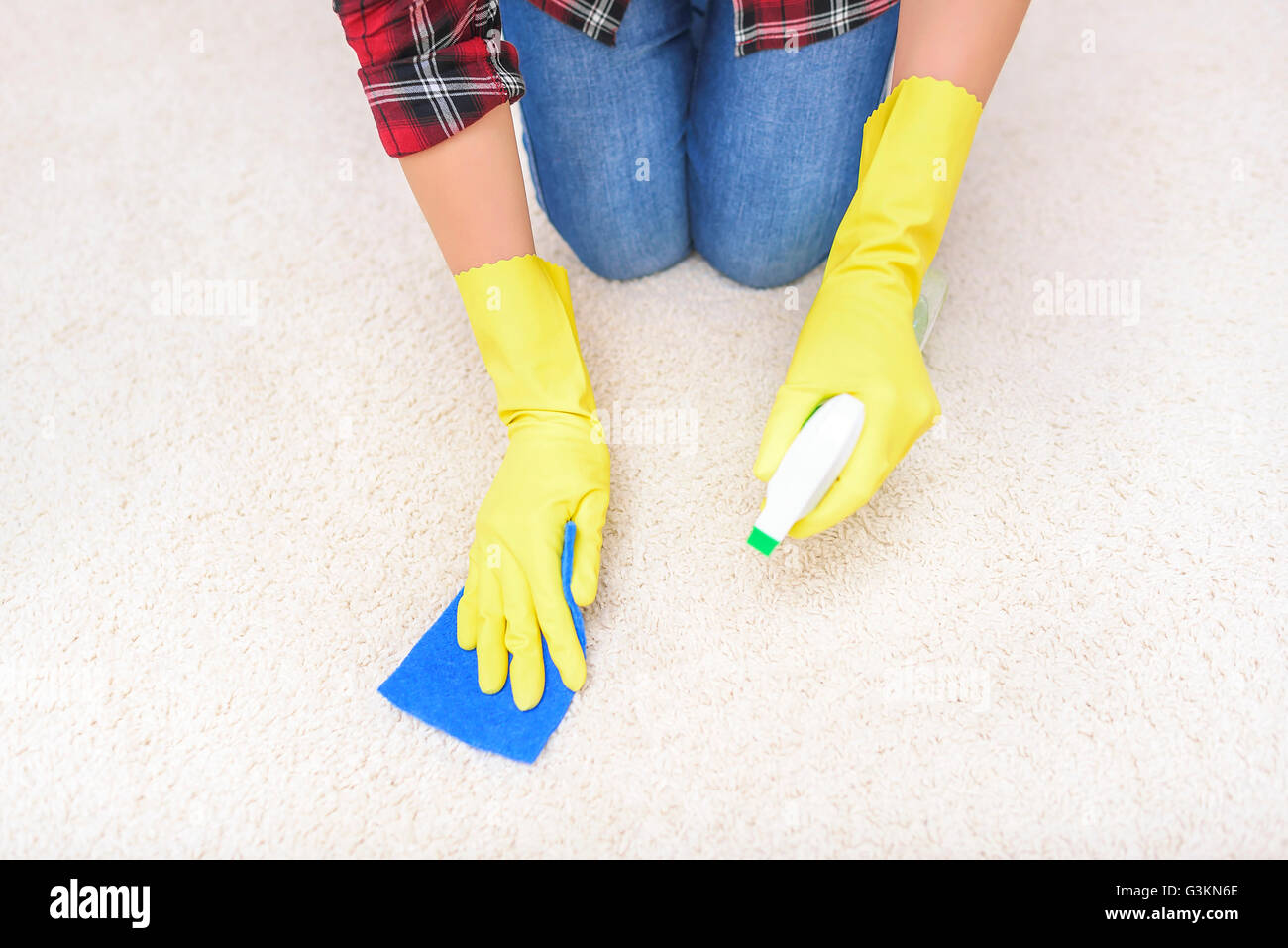 Female hands in gloves carpet clean the sponge and spray. Stock Photo