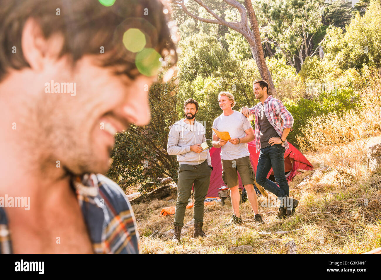 Close Up Of Man Camping With Friends In Forest Deer Park Cape Town South Africa Stock Photo Alamy