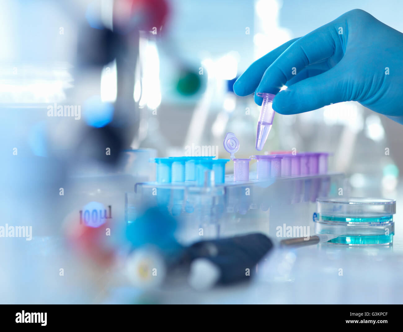 A eppendorf containing a sample used in analytical chemistry and DNA extraction awaiting testing in a laboratory Stock Photo