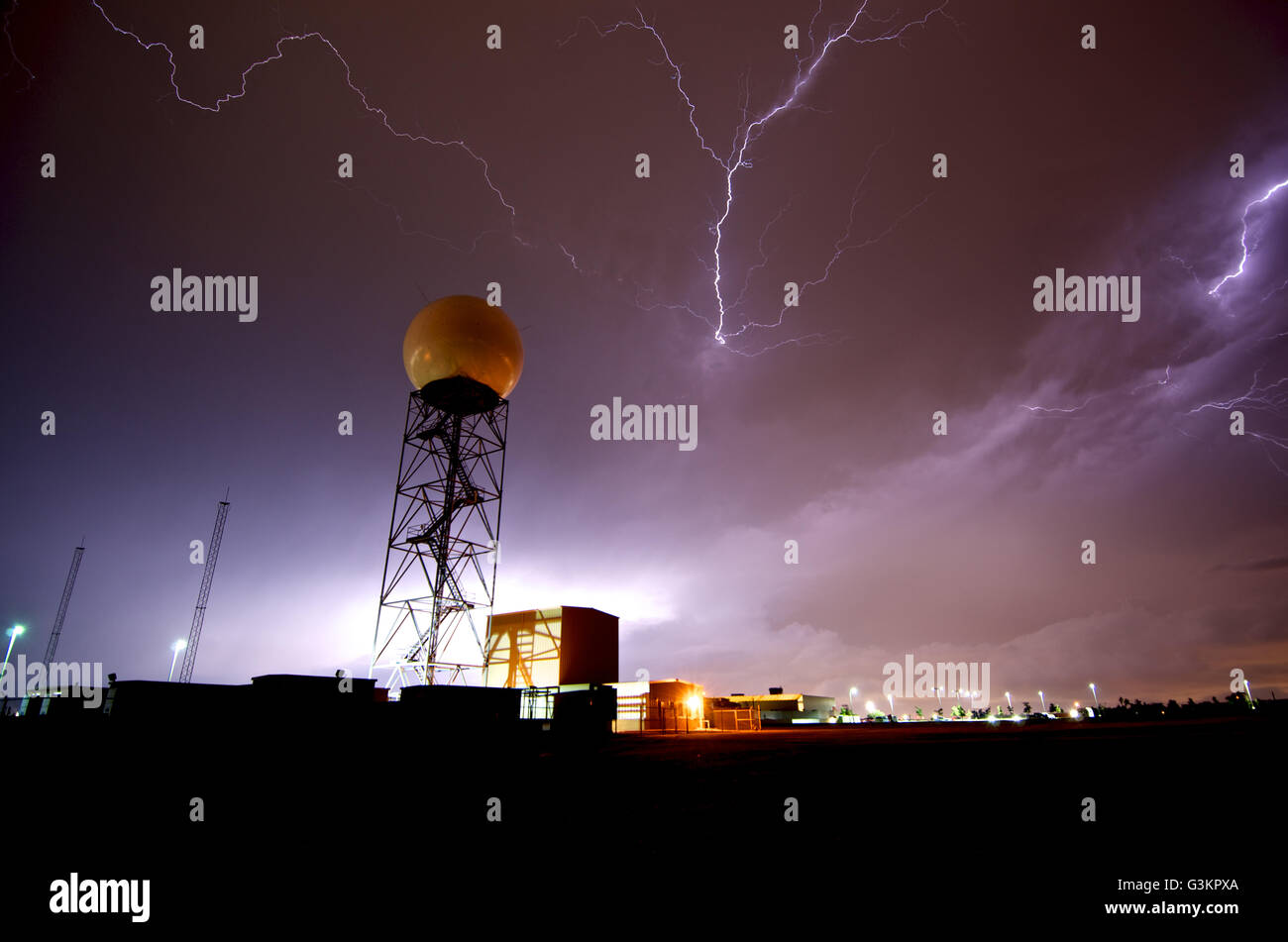 Lightning near a weather radar dome at the National Weather Service in