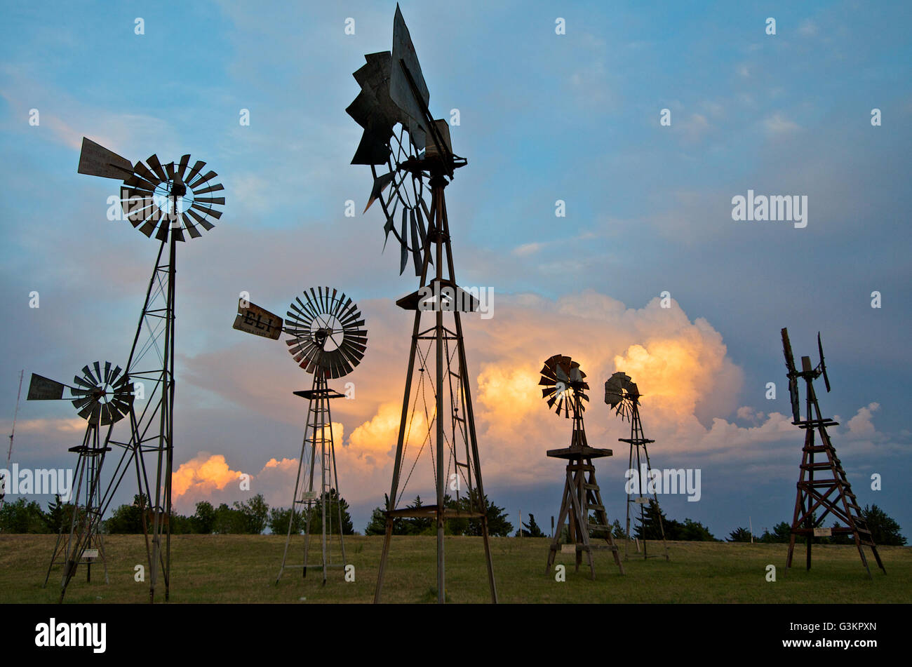 Storms behind a windmill park in Shattuck, Oklahoma, USA Stock Photo