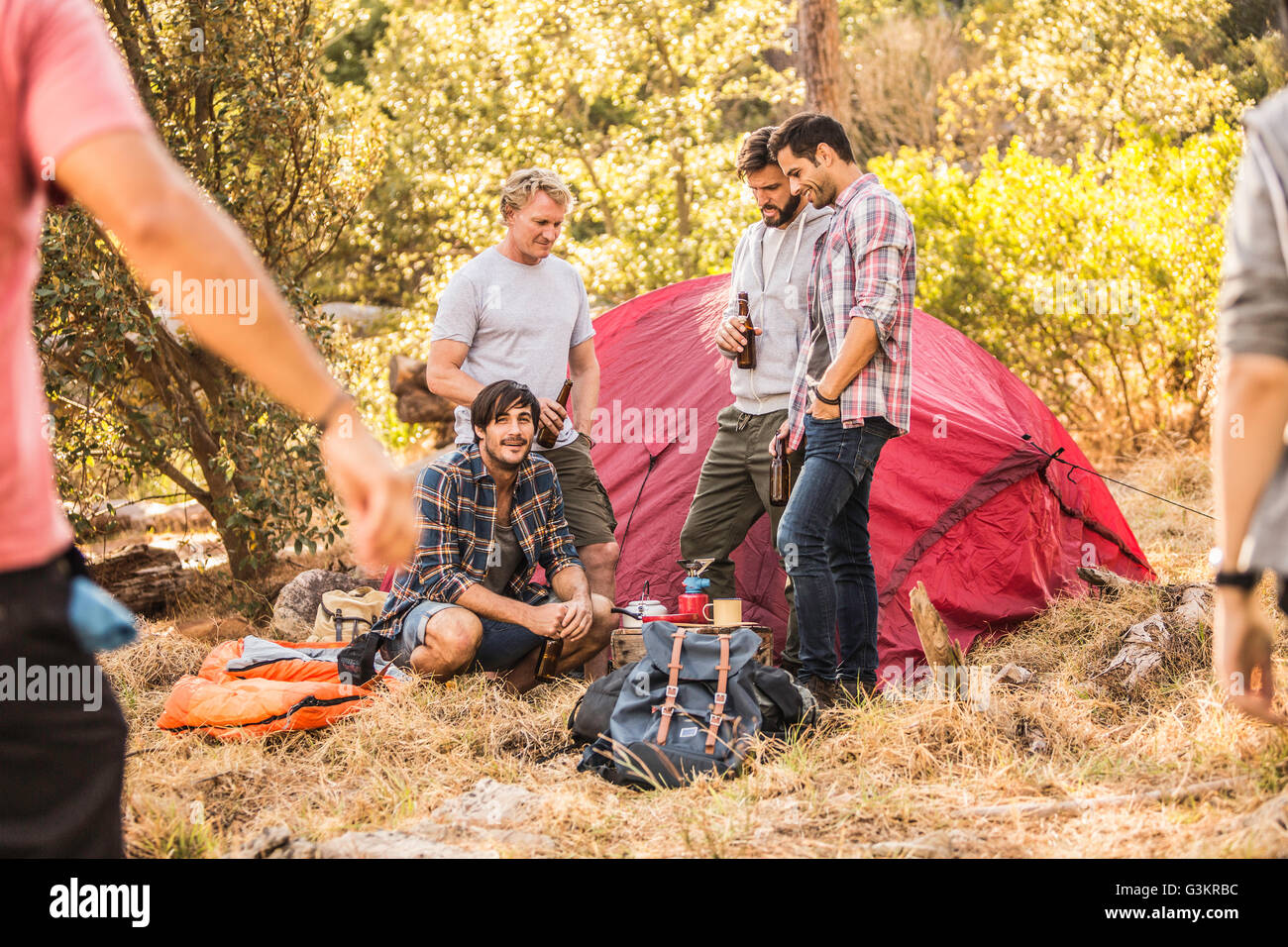 Men Preparing Food On Camping Stove In Forest Deer Park Cape Town Stock Photo Alamy