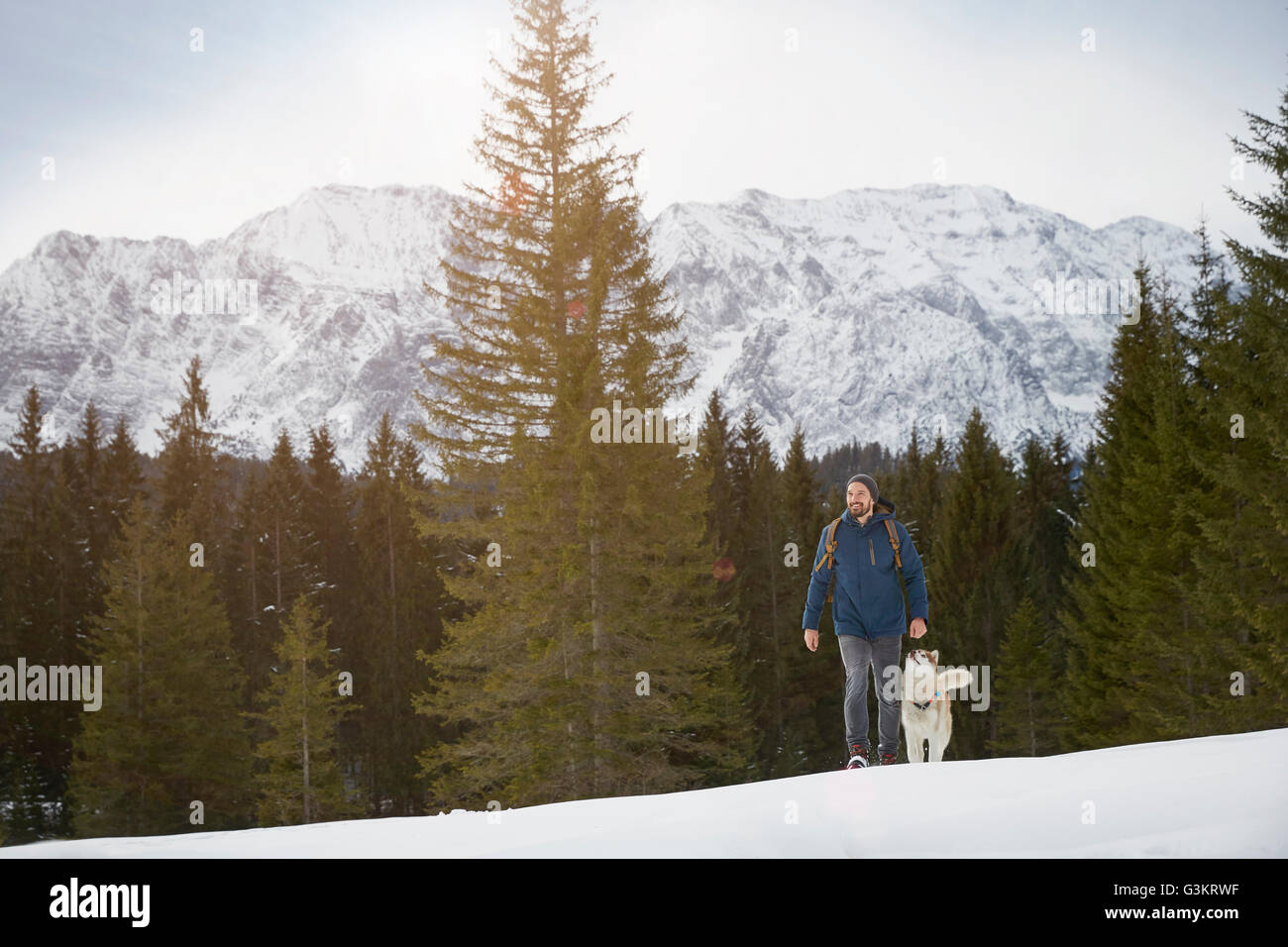 Young man walking uphill with husky in snow covered landscape, Elmau, Bavaria, Germany Stock Photo