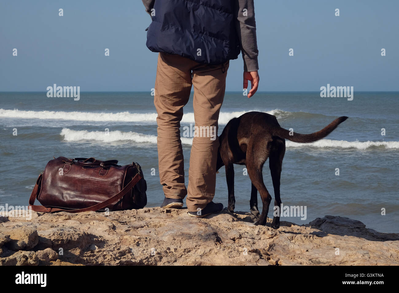 Rear waist down view of man and his dog on rocks by sea, Russia Stock Photo