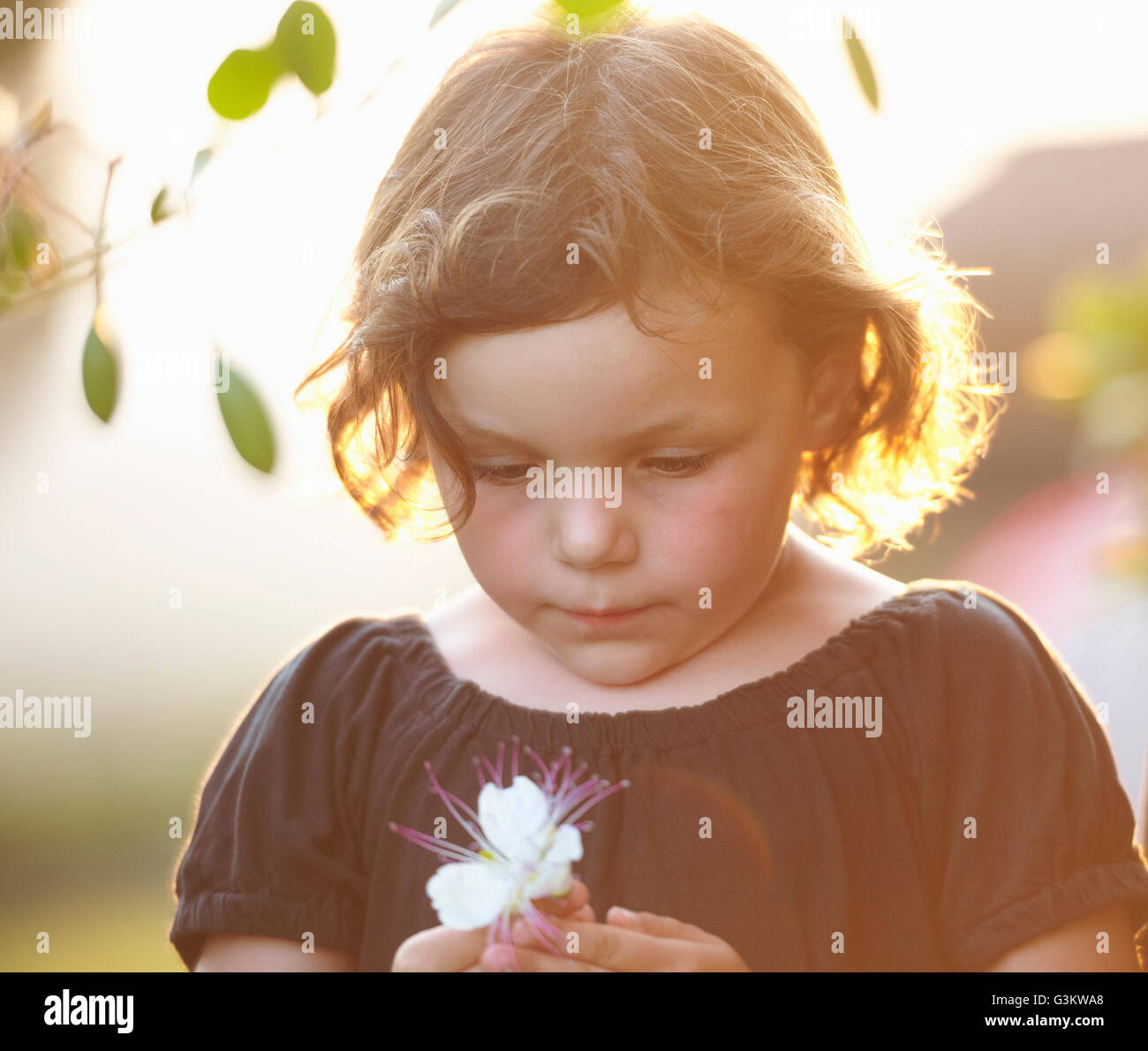 Young girl, outdoors, holding flower Stock Photo