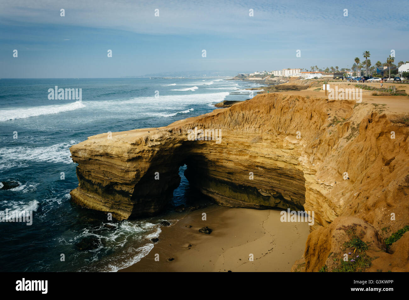 Cave and cliffs along the Pacific Ocean at Sunset Cliffs Natural Park in Point Loma, California. Stock Photo