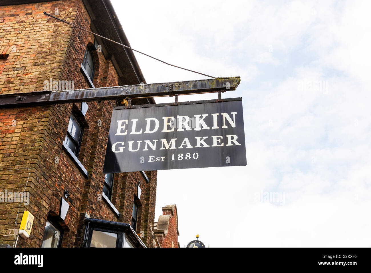 Gun maker shop sign Elderkin EST 1880 Spalding town Lincolnshire UK
