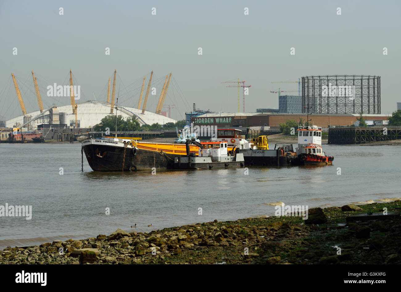 Working River Thames, O2 Arena Millennium Dome, Greenwich, East London, United Kingdom Stock Photo