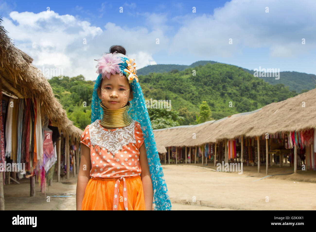 Long neck kid in central Thailand Stock Photo