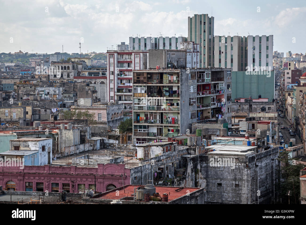 View of ramshackle houses and rooves in city centre, Havana, Cuba Stock Photo