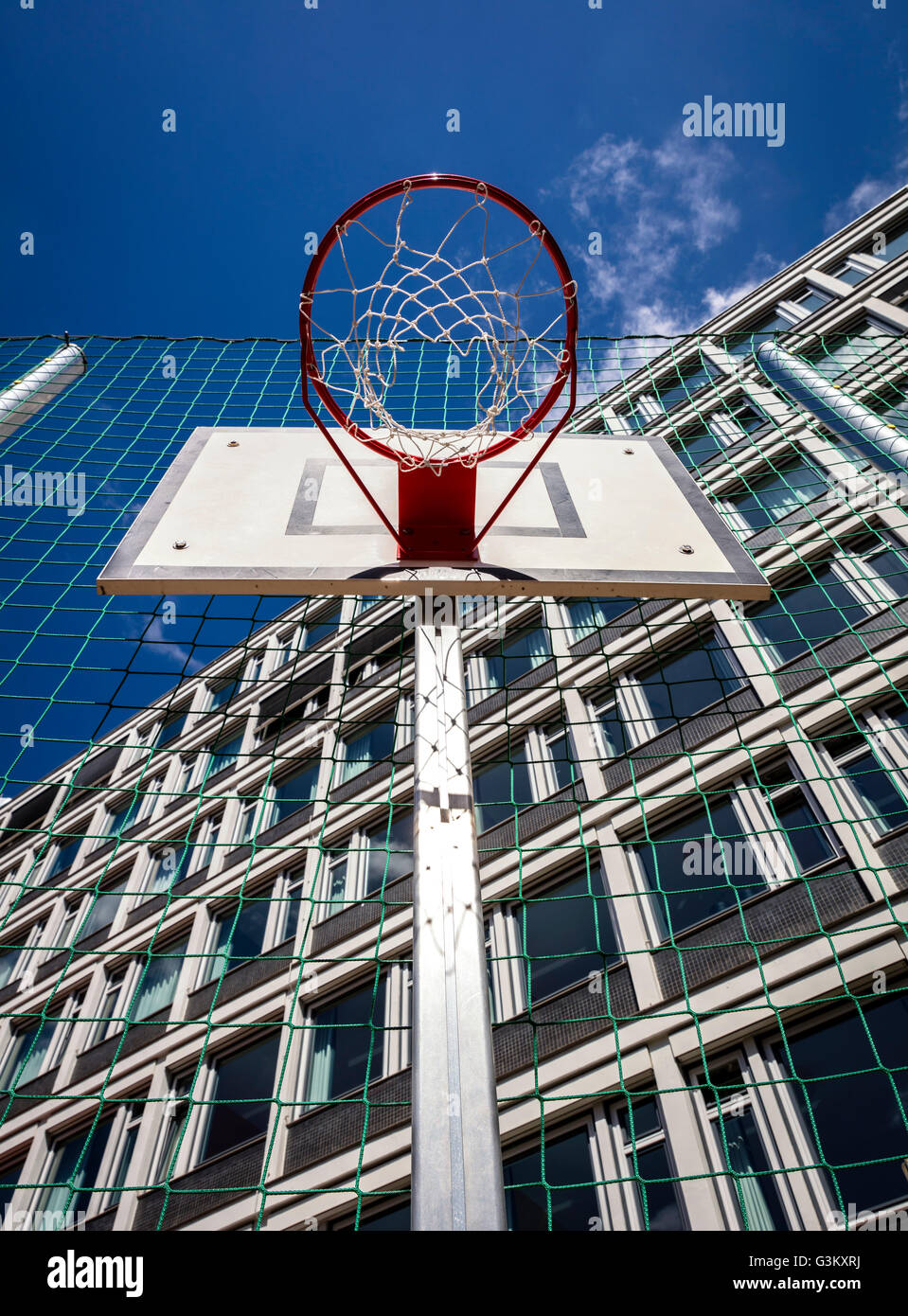 Basketball basket in front of house, Berlin, Germany Stock Photo