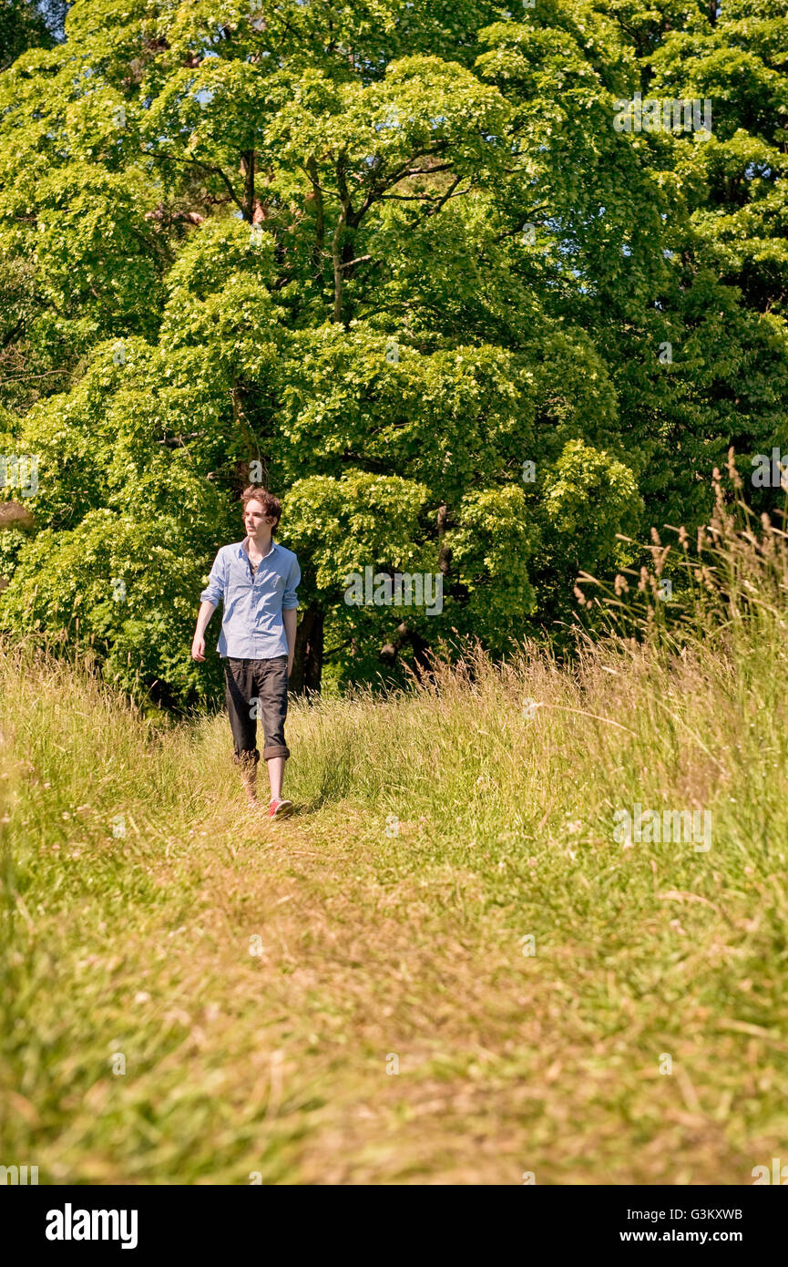 Young man walking in nature, Sweden, Europe Stock Photo