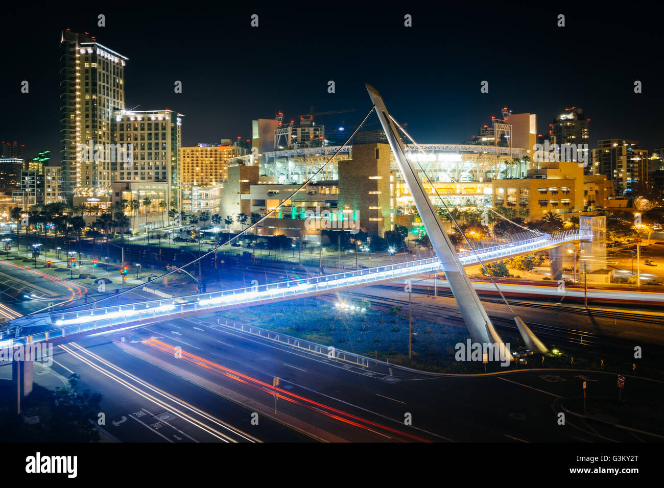 View of the Harbor Drive Pedestrian Bridge at night, in San Diego