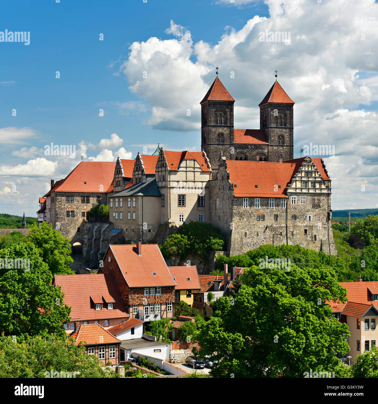 Schlossberg with abbey church of St. Servatius and castle above historic centre, UNESCO World Heritage, Quedlinburg Stock Photo